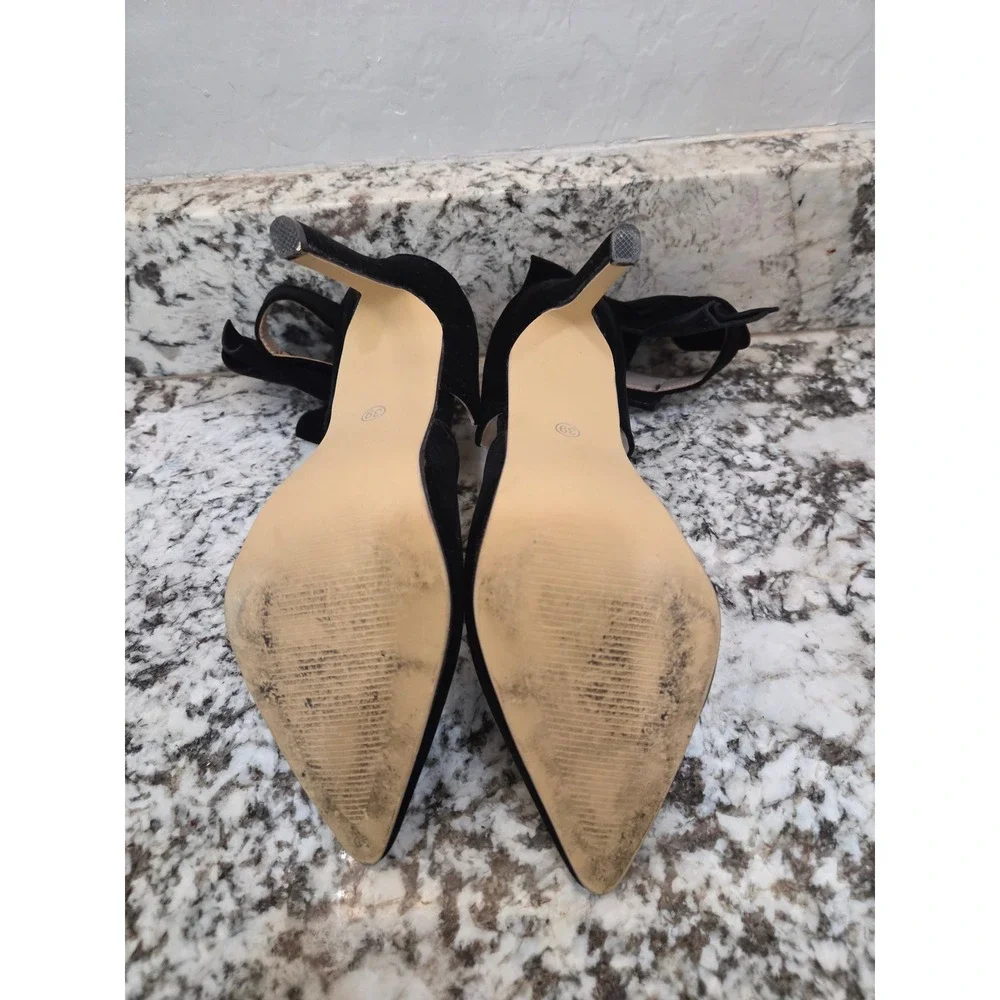 Maiernisi Jessi Black Faux Suede Pointed Toe Bow Ankle Strap Stiletto Heels 8.5